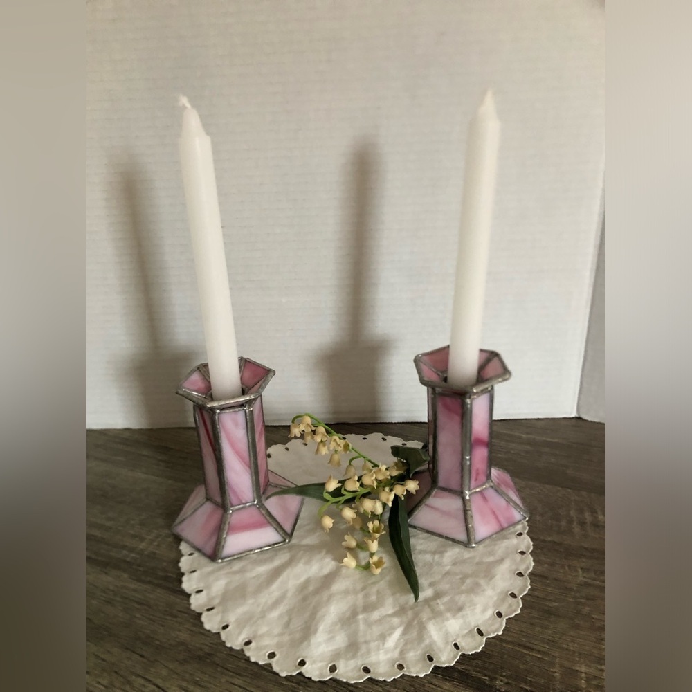 Hand Crafted Pink Stained Glass Candlestick Holders
